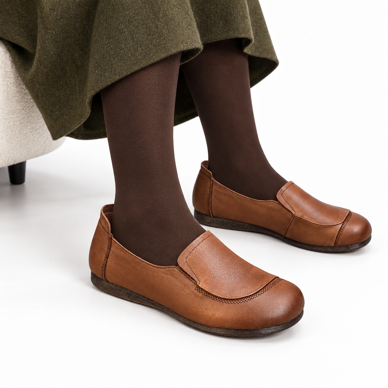 Women's Full-Grain Leather Moc-Toe Slip-On Flats 3