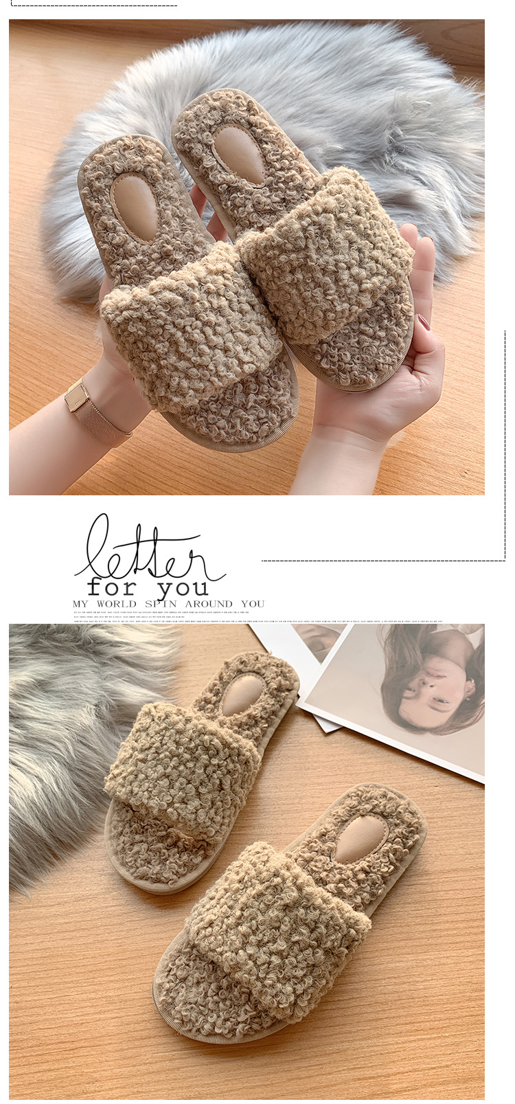 Pantuflas planas de felpa con punta abierta para mujer detail 10